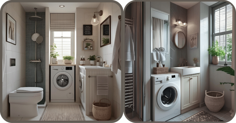 Design intelligente per bagno piccolo e stretto con lavatrice integrata, soluzioni salvaspazio e arredo moderno